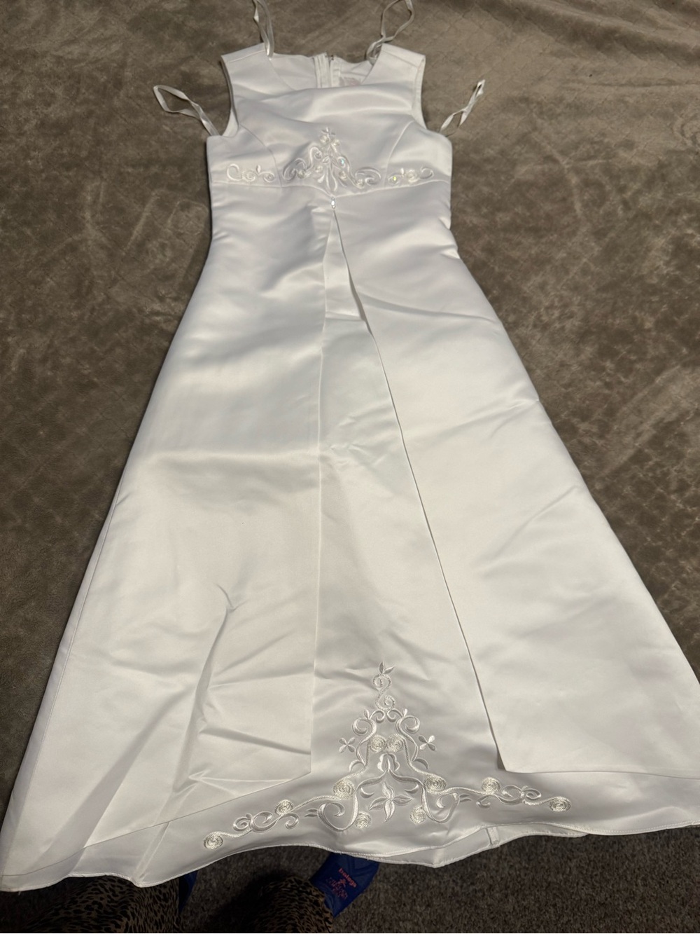 David's Bridal White Satin Flower Girl Dress with Appliqué